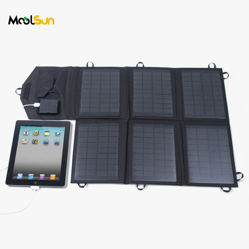 Moolsun Portable 21W USB & DC Ports Foldable Solar Panel Charger Waterproof For Outdoor Camping phone laptop Camera power bank